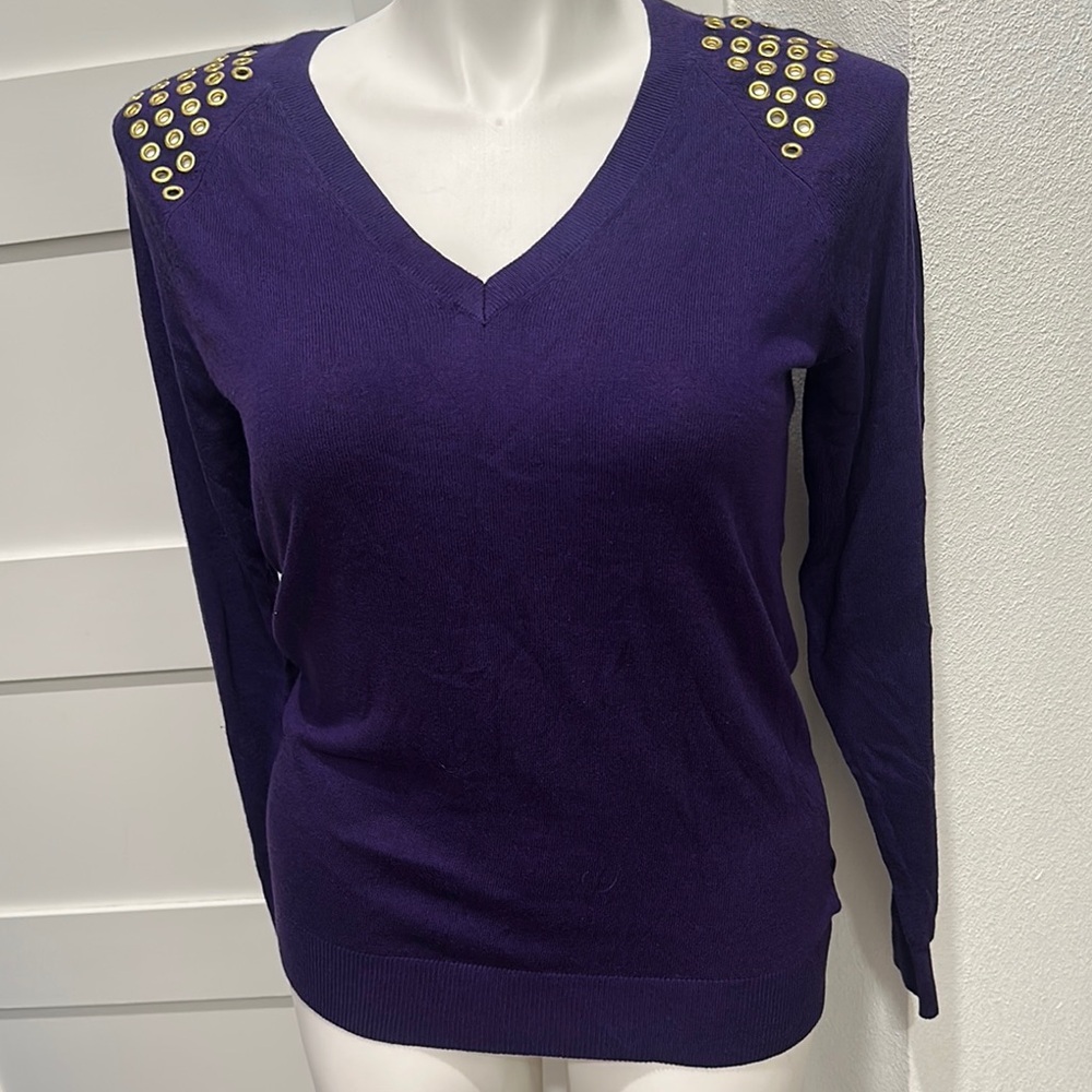 NWT Michael Kors Purple V-Neck Sweater with Gold Details Size L